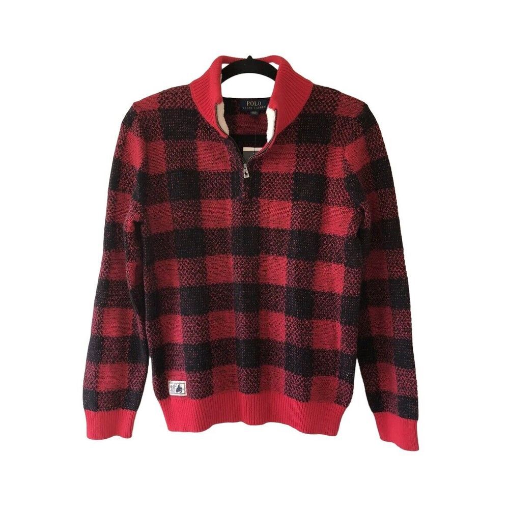 NWT Polo Ralph Lauren Boys Large (14/16) Red Black Gingham Pullover Sweater